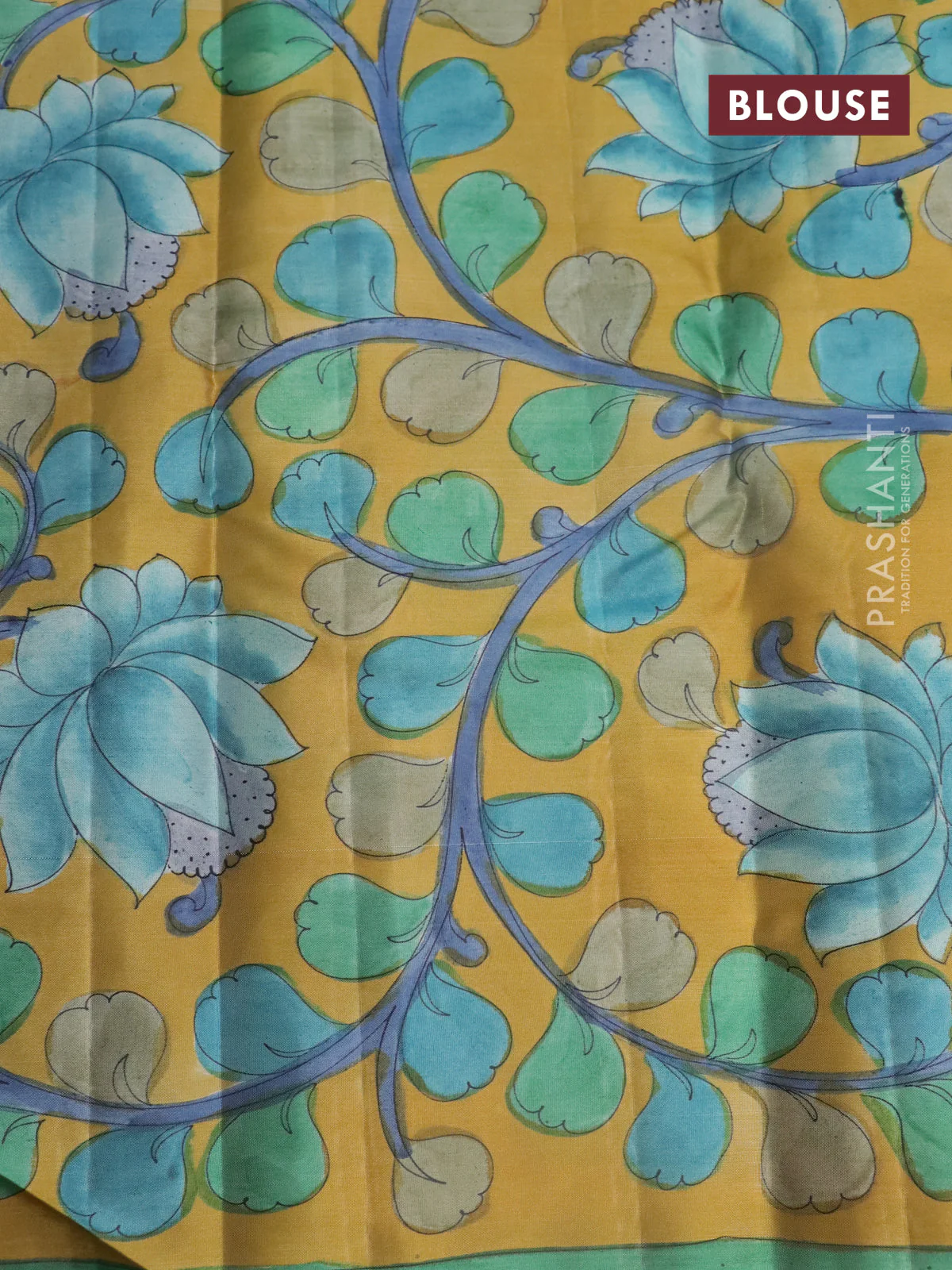Pure kanchipuram silk saree blue shade and mustard yellow with allover zari woven paisley brocade weaves and kalamkari printed pallu & border - Image 4