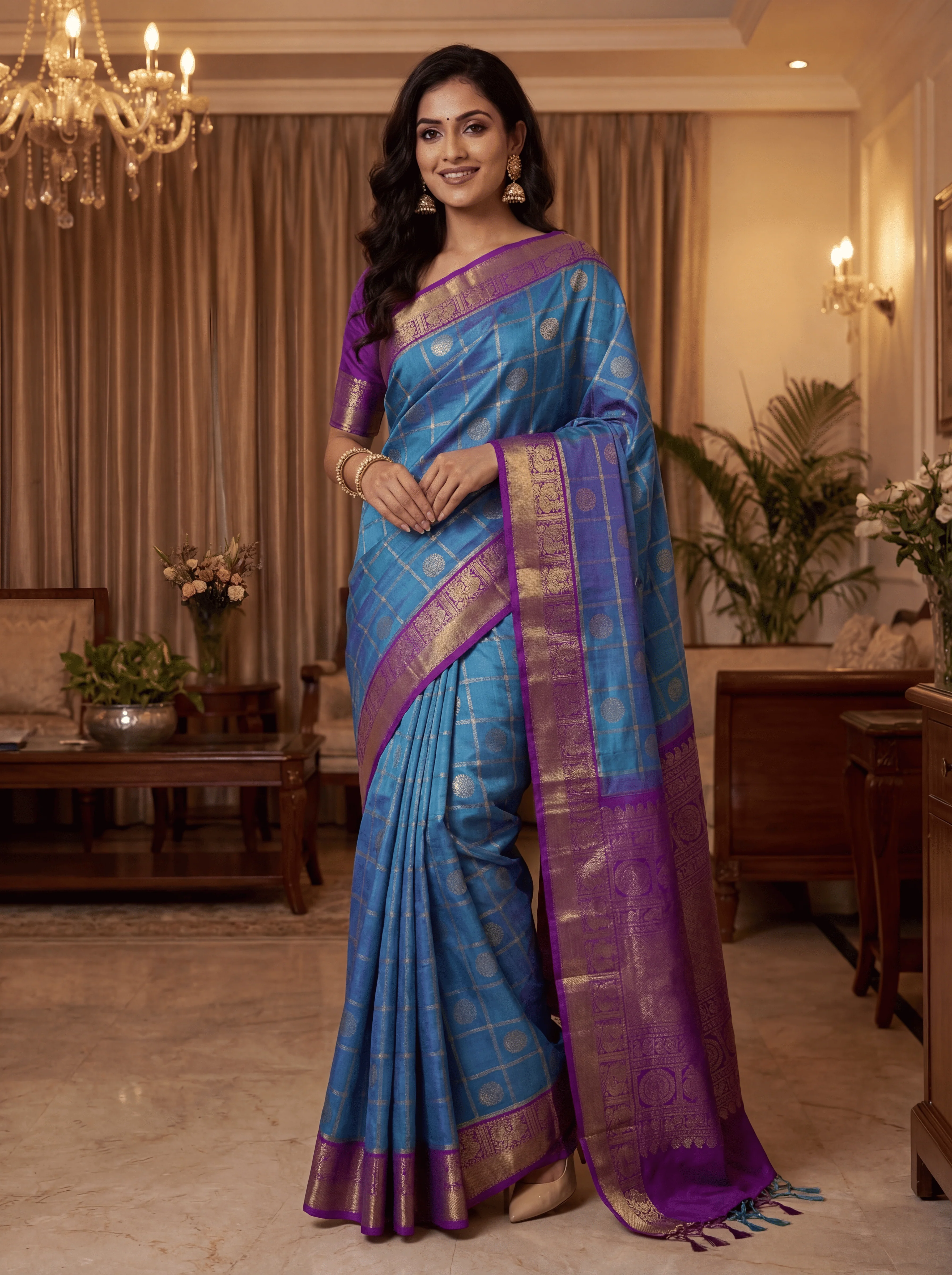Pure kanchipuram silk saree blue shade and purple with allover zari checks & buttas and zari woven border