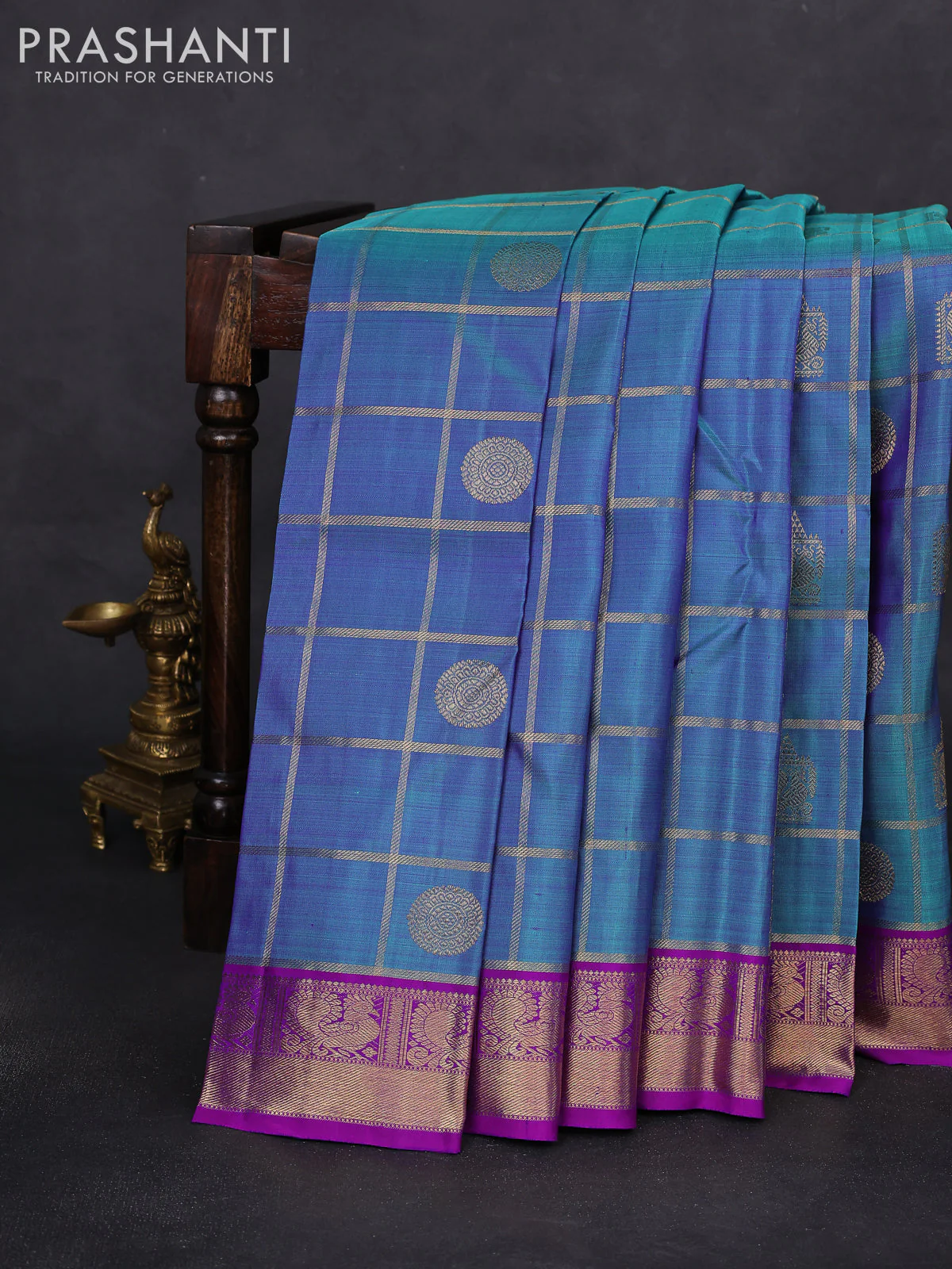 Pure kanchipuram silk saree blue shade and purple with allover zari checks & buttas and zari woven border - Image 2