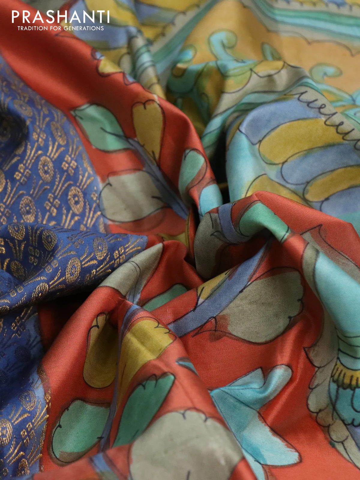 Pure kanchipuram silk saree blue shade and rustic orange with allover zari woven brocade weaves and kalamkari printed pallu & border - Image 3