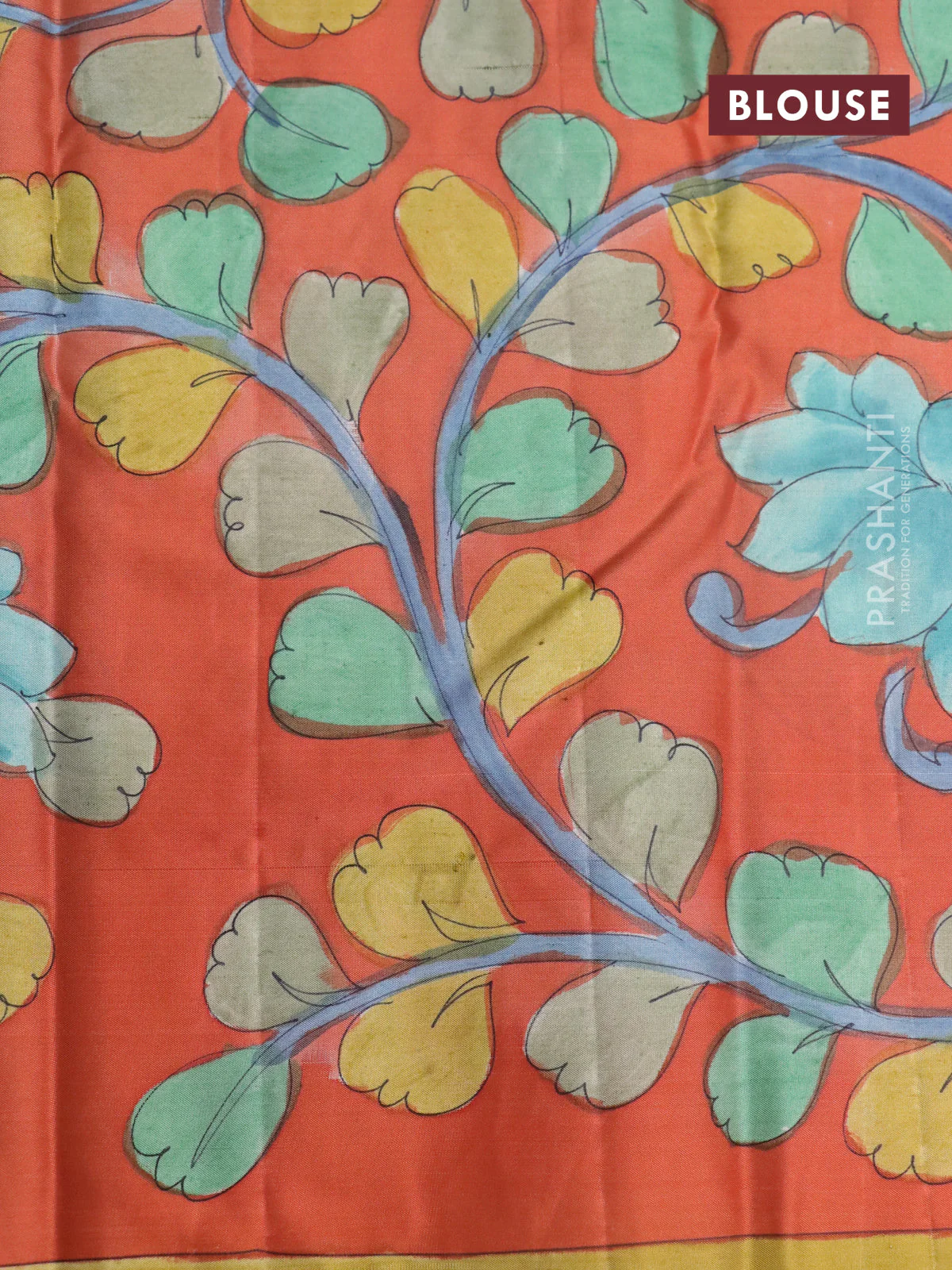 Pure kanchipuram silk saree blue shade and rustic orange with allover zari woven brocade weaves and kalamkari printed pallu & border - Image 4