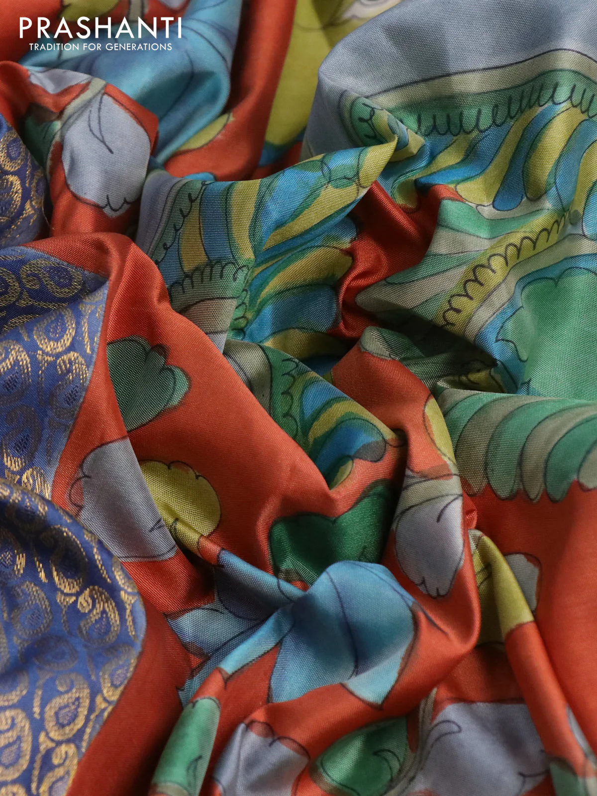 Pure kanchipuram silk saree blue shade and rustic orange with allover zari woven paisley brocade weaves and kalamkari printed pallu & border - Image 3