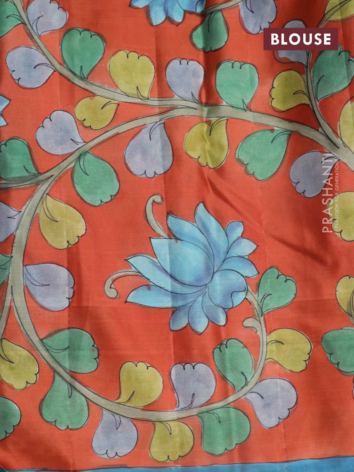 Pure kanchipuram silk saree blue shade and rustic orange with allover zari woven paisley brocade weaves and kalamkari printed pallu & border - Image 4