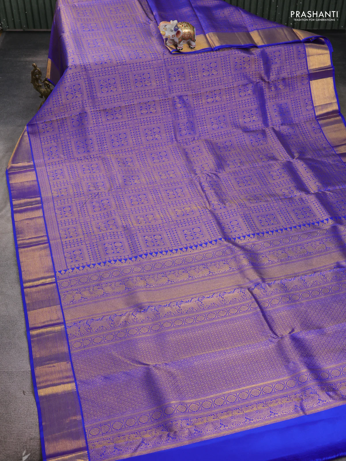 Pure kanchipuram silk saree blue with allover zari woven checked brocade weaves and rich zari woven border - Image 2