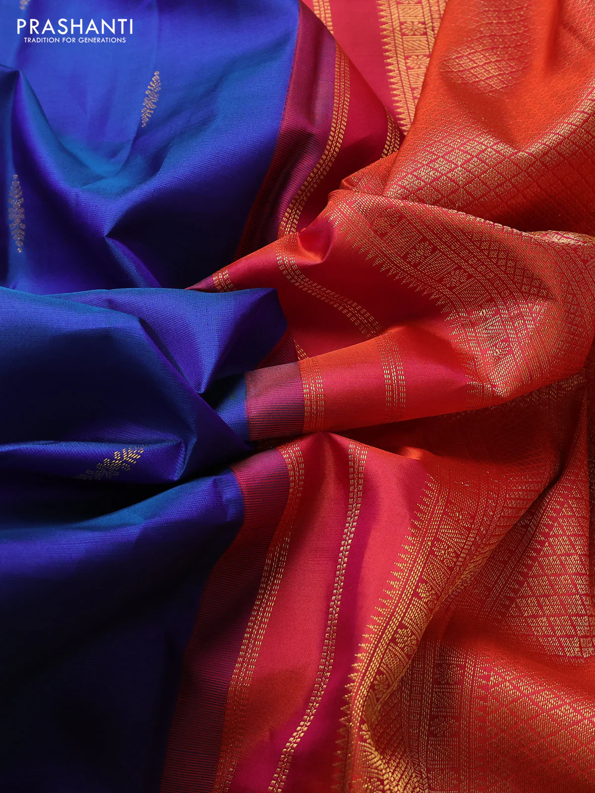Pure kanchipuram silk saree blue with zari woven buttas and ganga jamuna border - Image 3