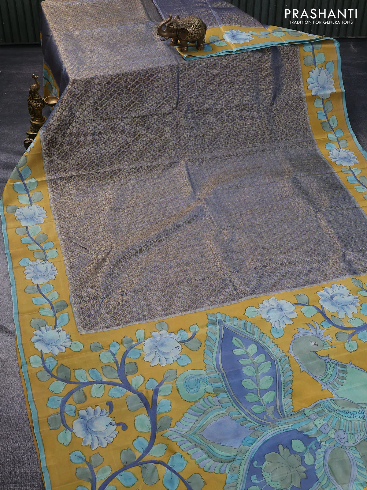 Pure kanchipuram silk saree bluish grey and mustard yellow with allover zari woven geometric brocade weaves and kalamkari printed pallu & border - Image 2