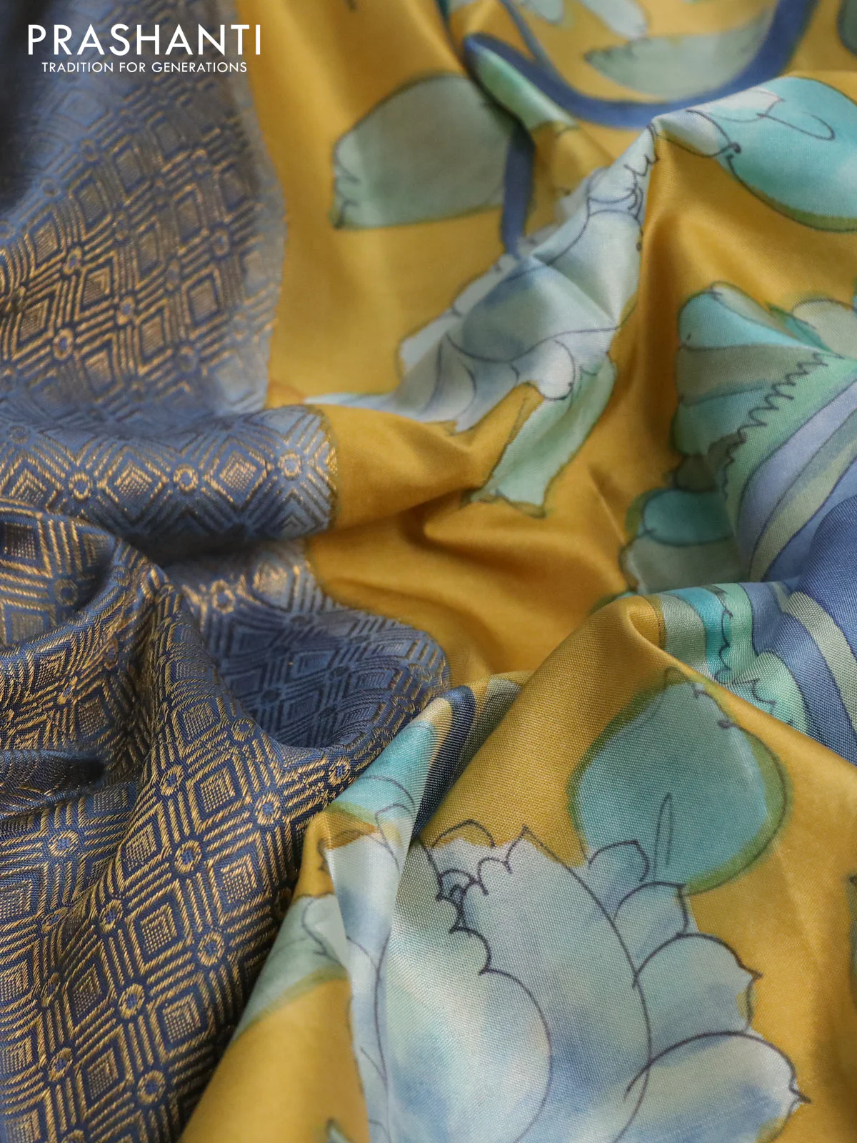 Pure kanchipuram silk saree bluish grey and mustard yellow with allover zari woven geometric brocade weaves and kalamkari printed pallu & border - Image 3