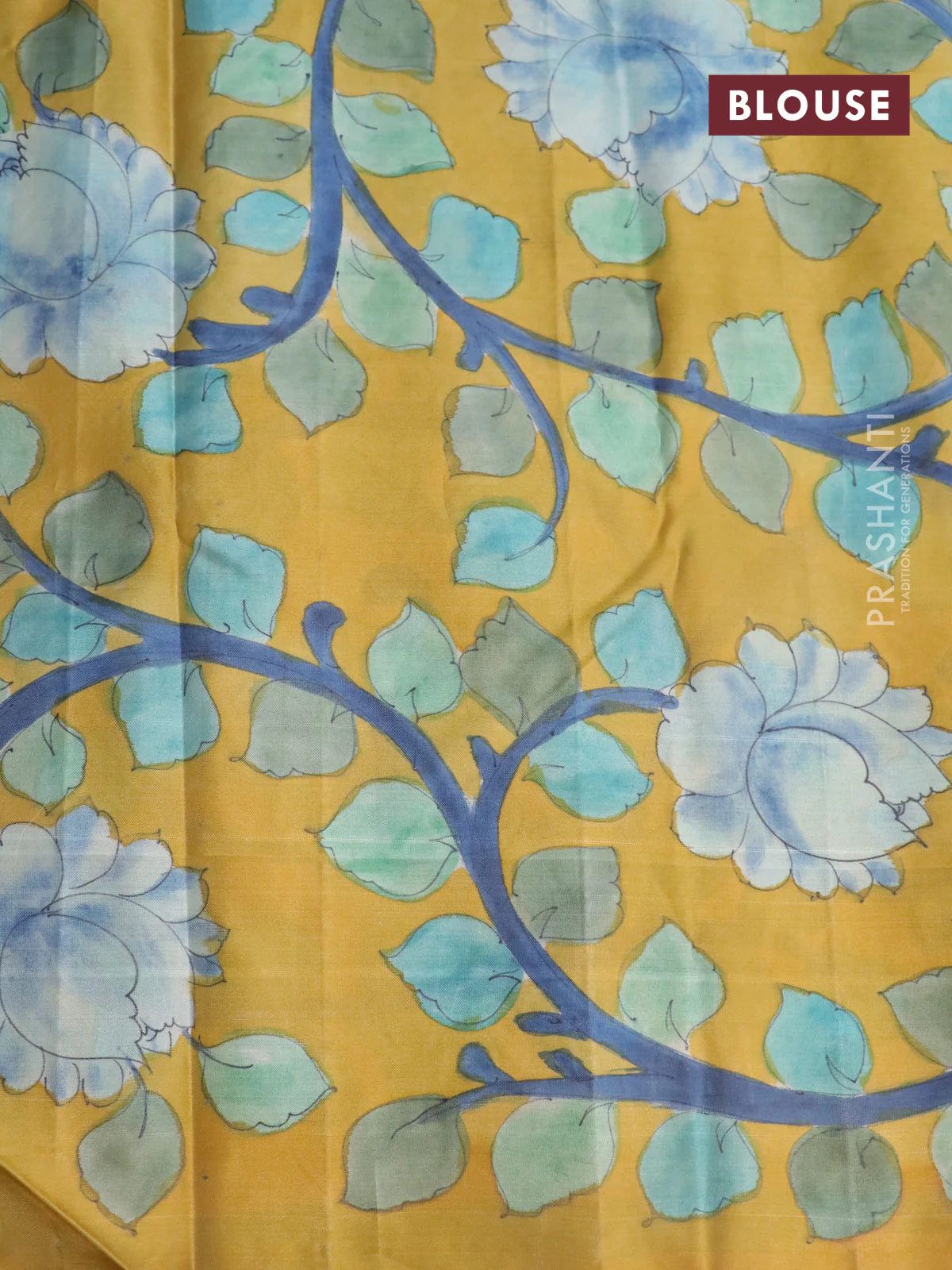 Pure kanchipuram silk saree bluish grey and mustard yellow with allover zari woven geometric brocade weaves and kalamkari printed pallu & border - Image 4