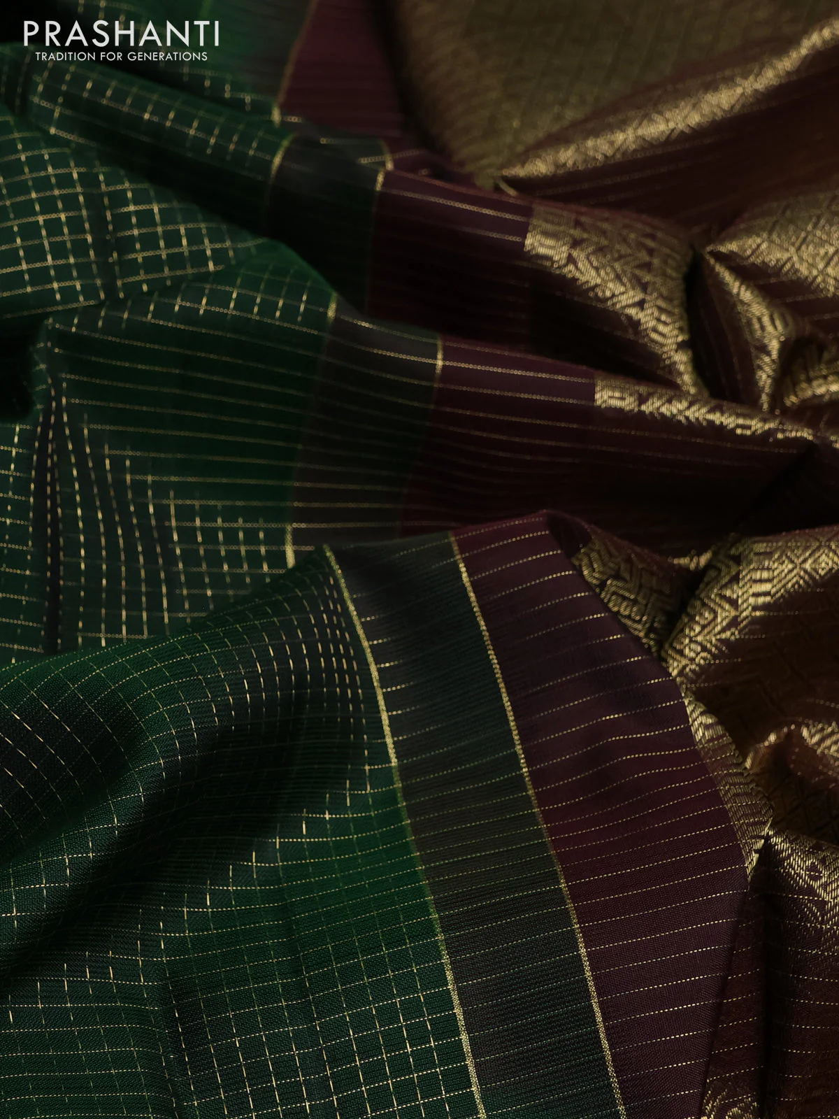 Pure kanchipuram silk saree bottle green and coffee brown with allover small zari checked pattern and zari woven butta border - Image 3