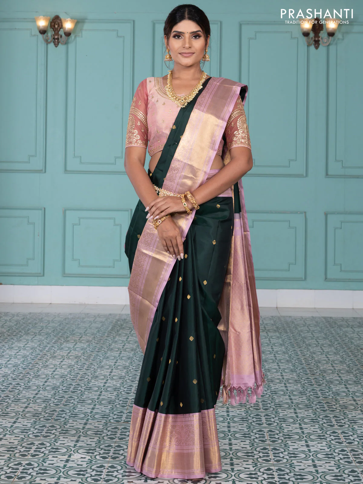 Pure kanchipuram silk saree bottle green and pastel pink with zari woven buttas and long rich zari wover korvai border - Image 2
