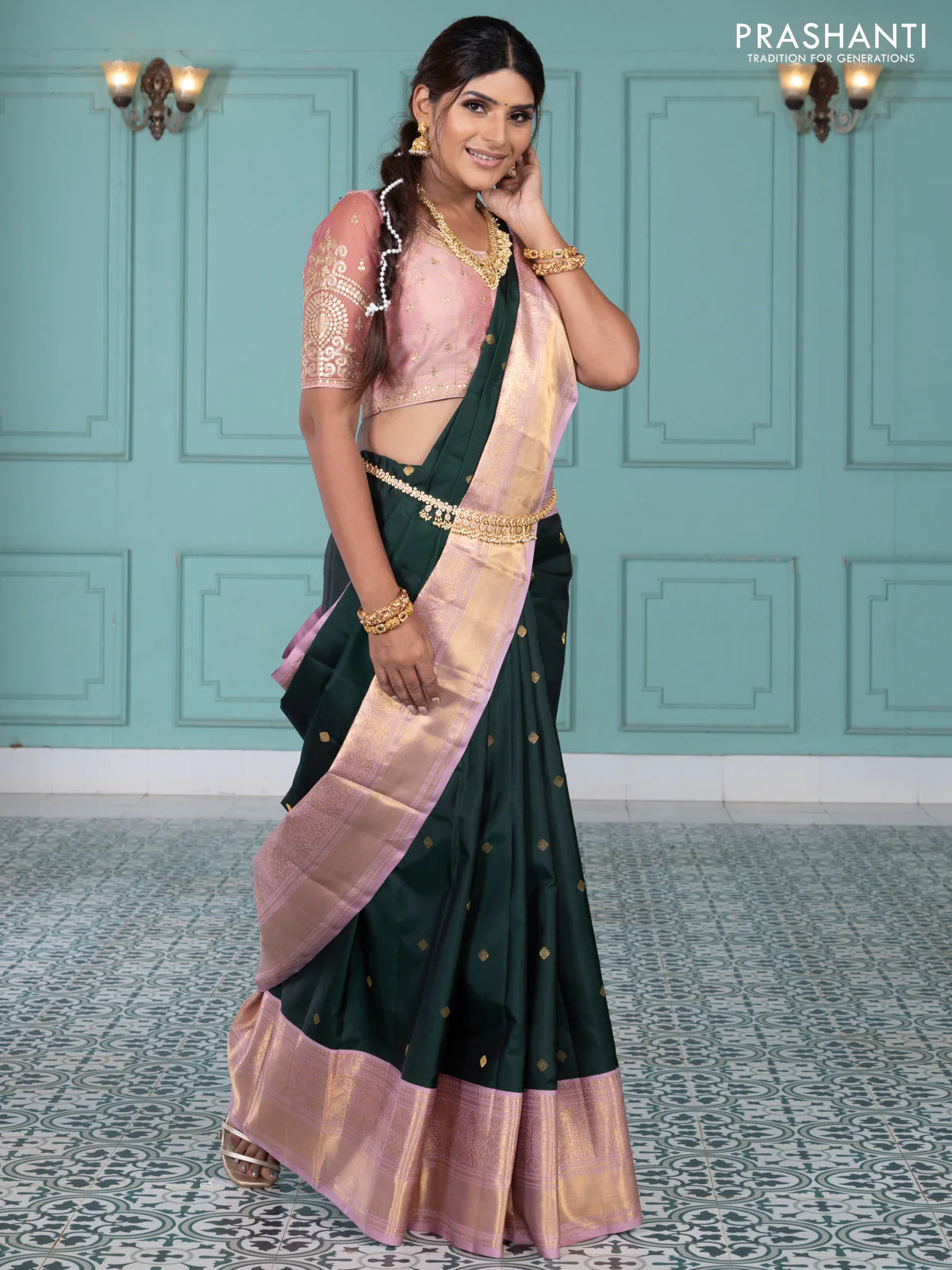 Pure kanchipuram silk saree bottle green and pastel pink with zari woven buttas and long rich zari wover korvai border - Image 4
