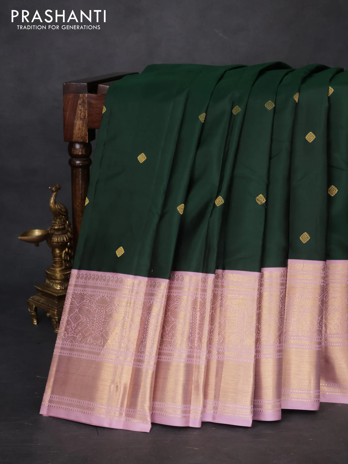 Pure kanchipuram silk saree bottle green and pastel pink with zari woven buttas and long rich zari wover korvai border - Image 6