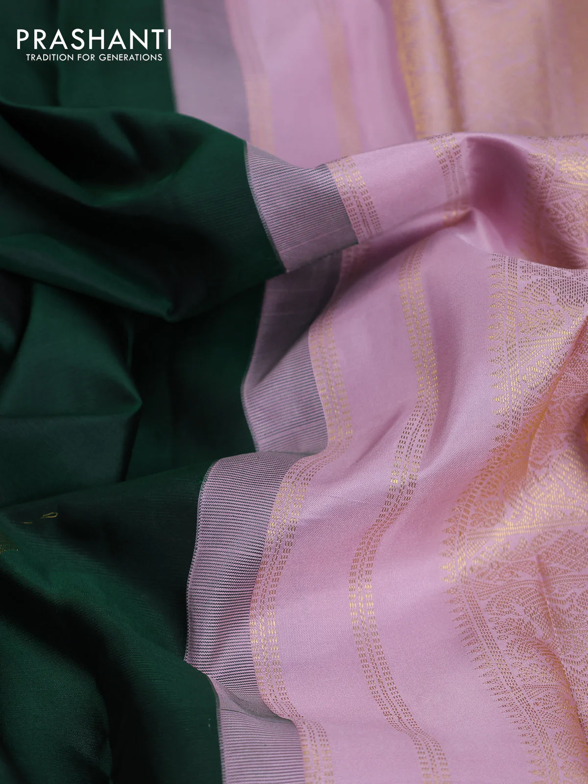 Pure kanchipuram silk saree bottle green and pastel pink with zari woven buttas and long rich zari wover korvai border - Image 8