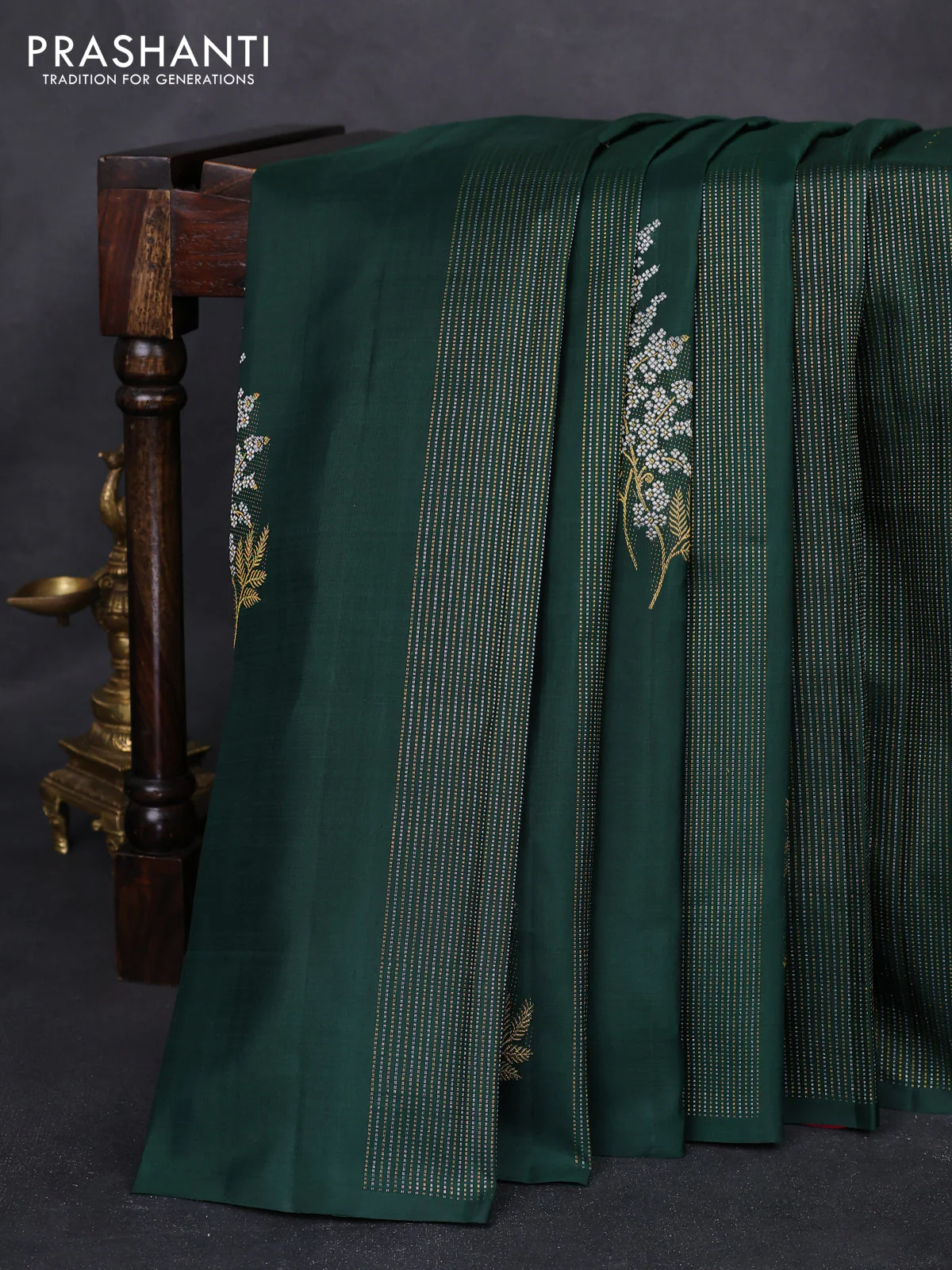 Pure kanchipuram silk saree bottle green and pink with allover silver & gold zari weaves in borderless style