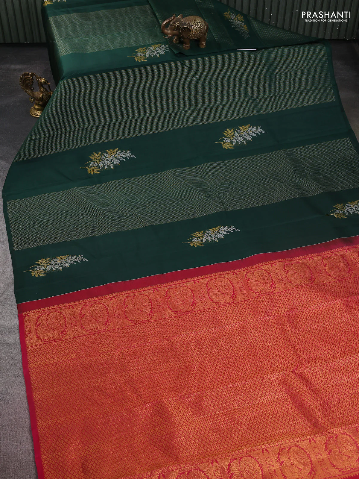 Pure kanchipuram silk saree bottle green and pink with allover silver & gold zari weaves in borderless style - Image 2