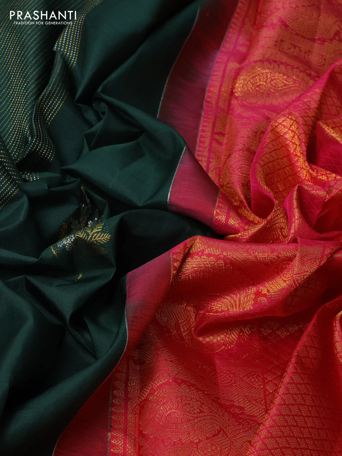 Pure kanchipuram silk saree bottle green and pink with allover silver & gold zari weaves in borderless style - Image 3