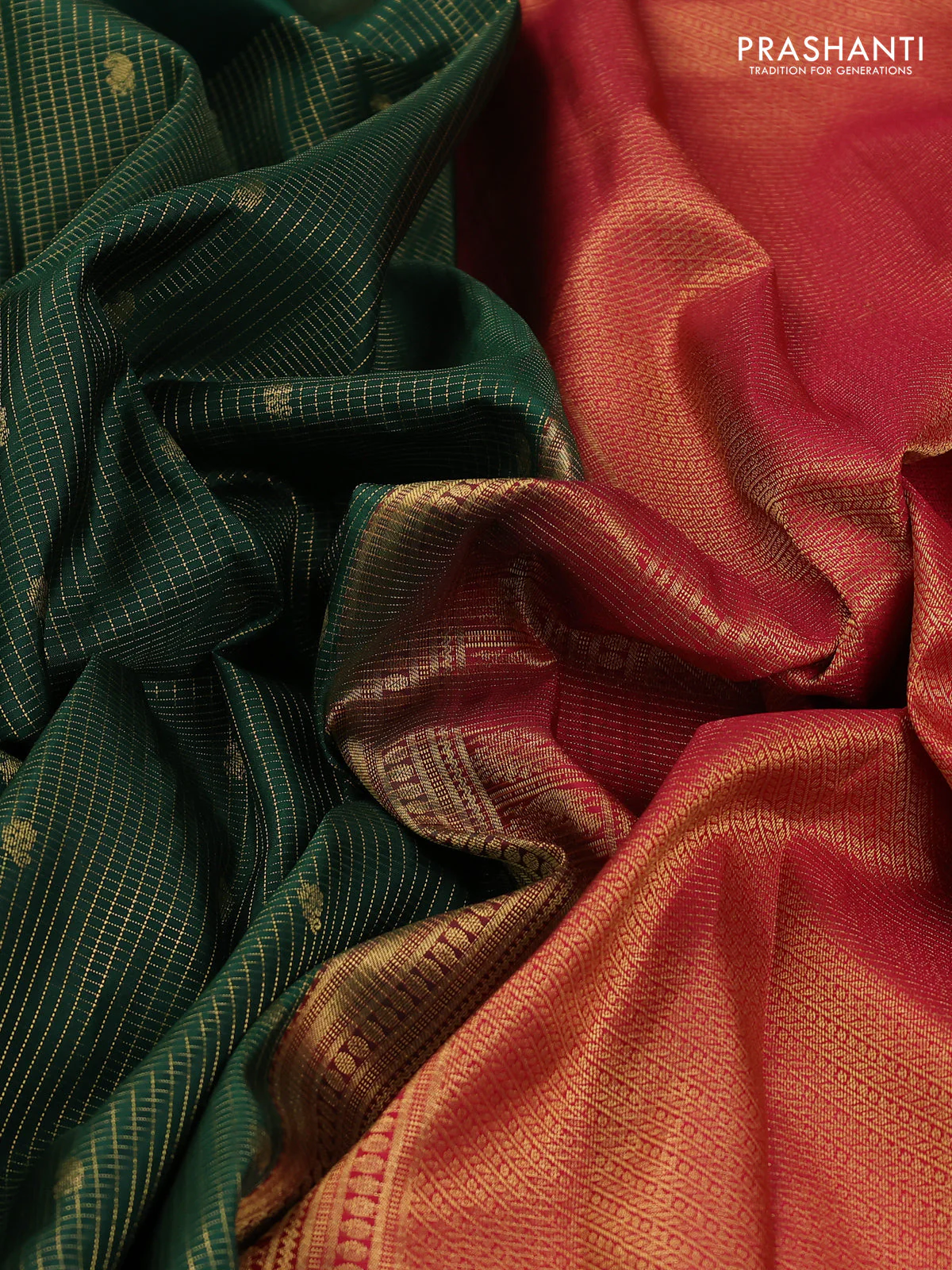 Pure kanchipuram silk saree bottle green and pink with allover small zari checks & buttas and rettapet zari woven border - Image 3