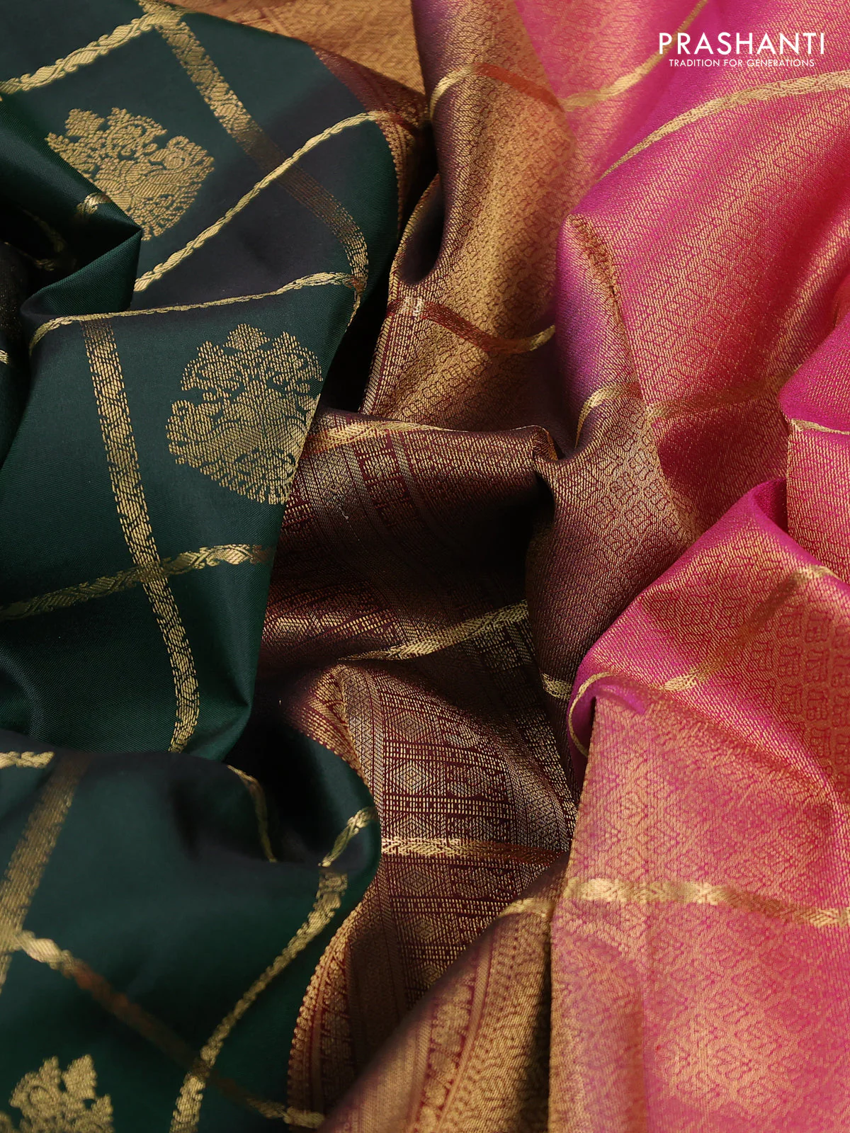 Pure kanchipuram silk saree bottle green and pink with allover zari checks & buttas and rettapet zari woven border - Image 3
