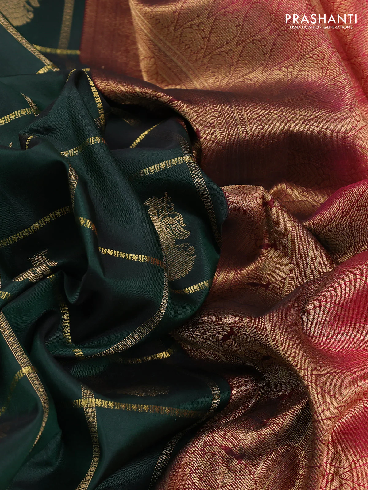 Pure kanchipuram silk saree bottle green and pink with allover zari checks & buttas and rich zari woven korvai border - Image 3