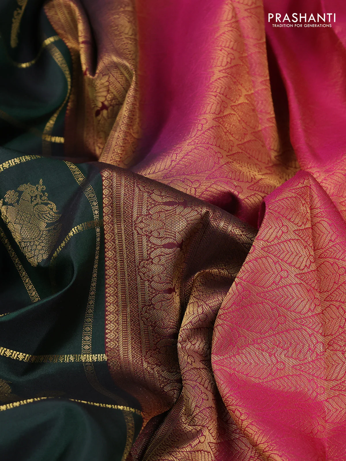 Pure kanchipuram silk saree bottle green and pink with allover zari checks & buttas and rich zari woven korvai border - Image 3