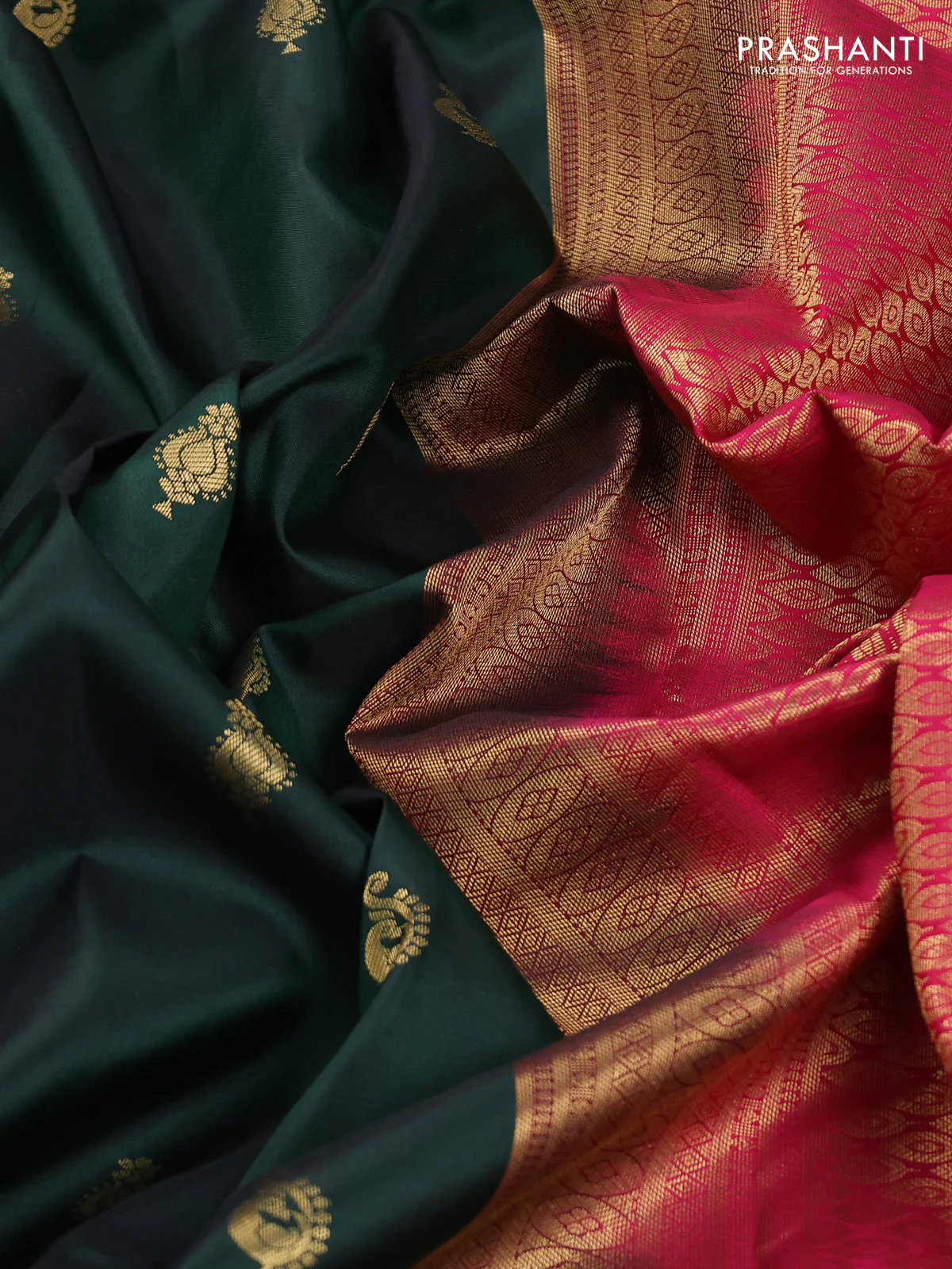 Pure kanchipuram silk saree bottle green and pink with zari woven buttas and rich zari woven korvai border - Image 3