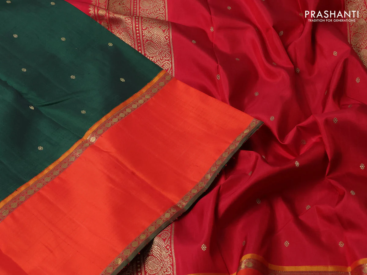 Pure kanchipuram silk saree bottle green and red orange with zari woven buttas and rettapet zari woven korvai border - Image 3