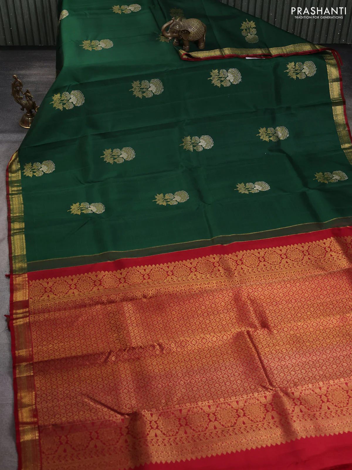 Pure kanchipuram silk saree bottle green and red with floral zari woven buttas and rich zari woven border - Image 2