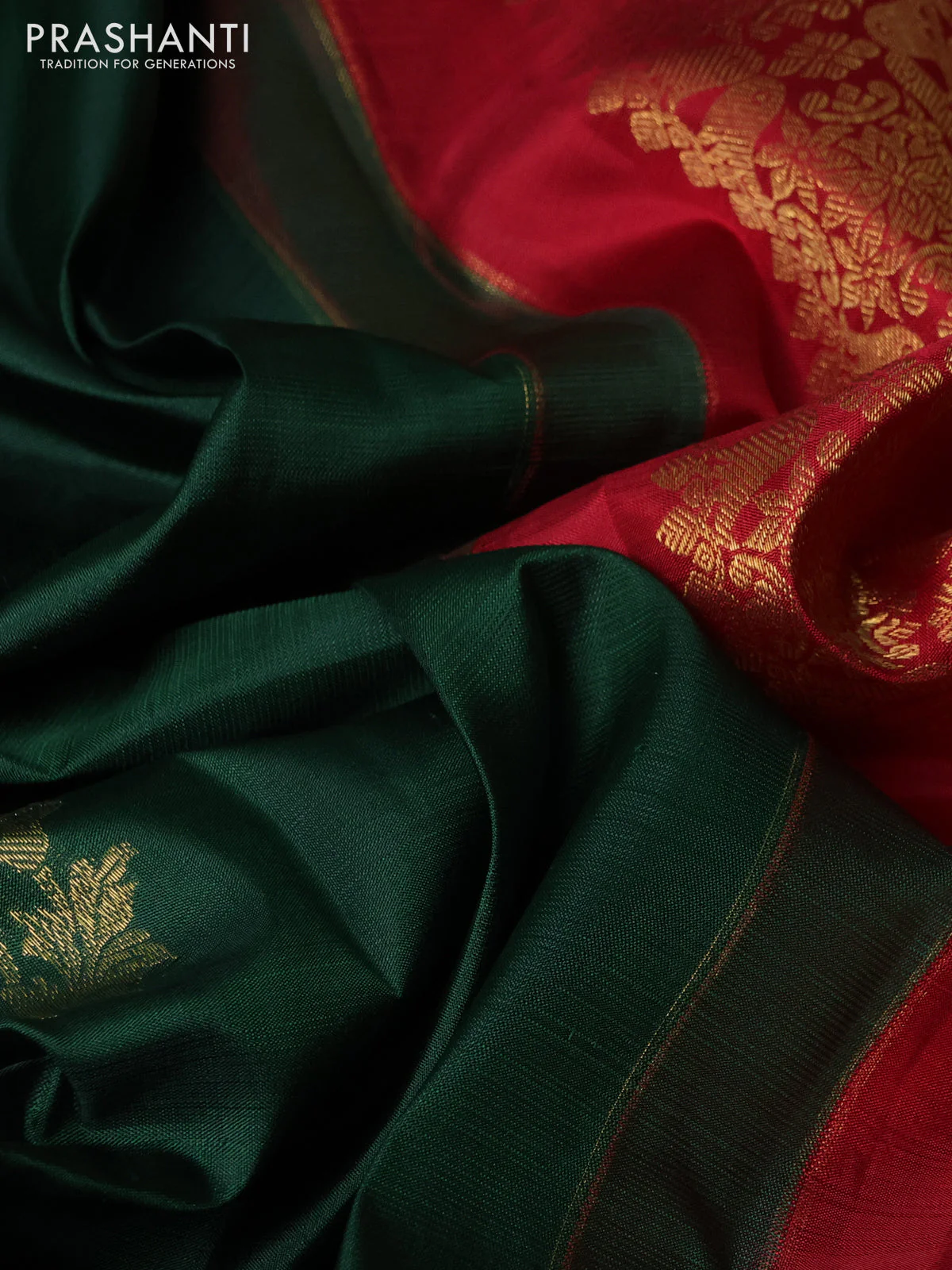 Pure kanchipuram silk saree bottle green and red with floral zari woven buttas and rich zari woven border - Image 3