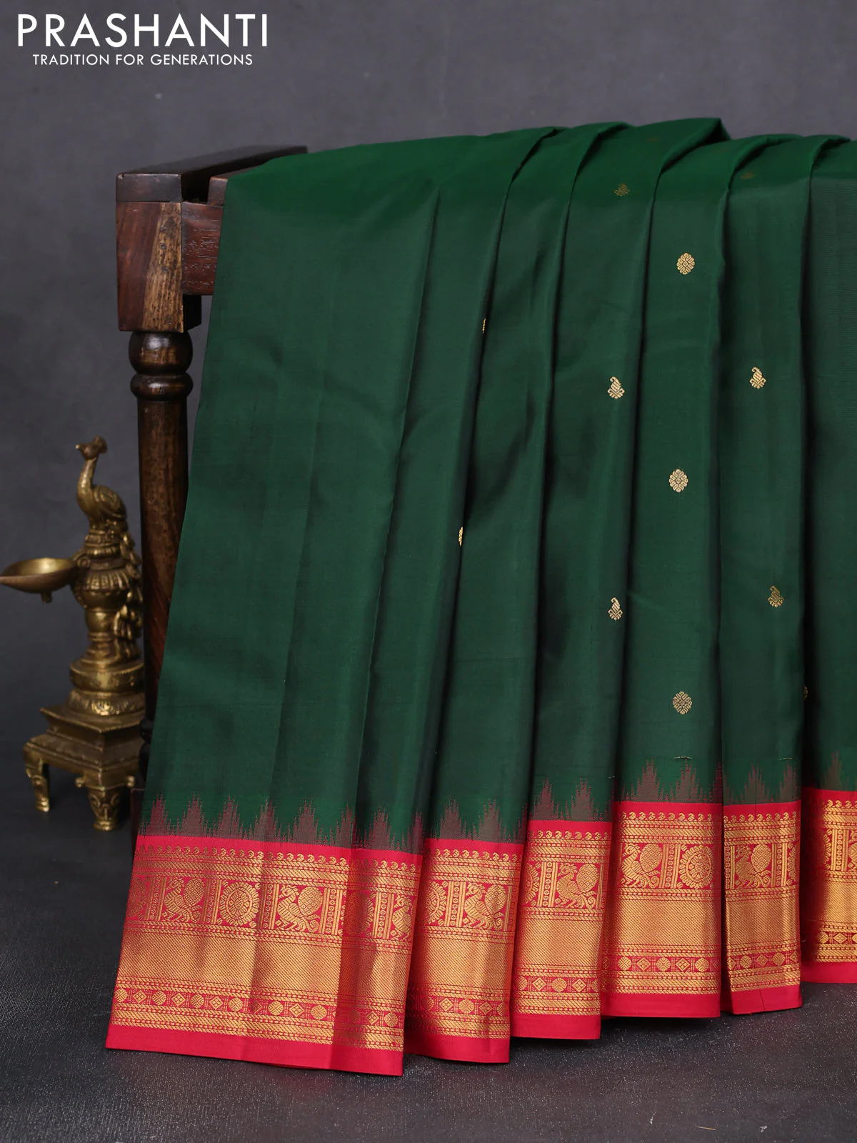 Pure kanchipuram silk saree bottle green and red with zari woven buttas and temple design zari woven border