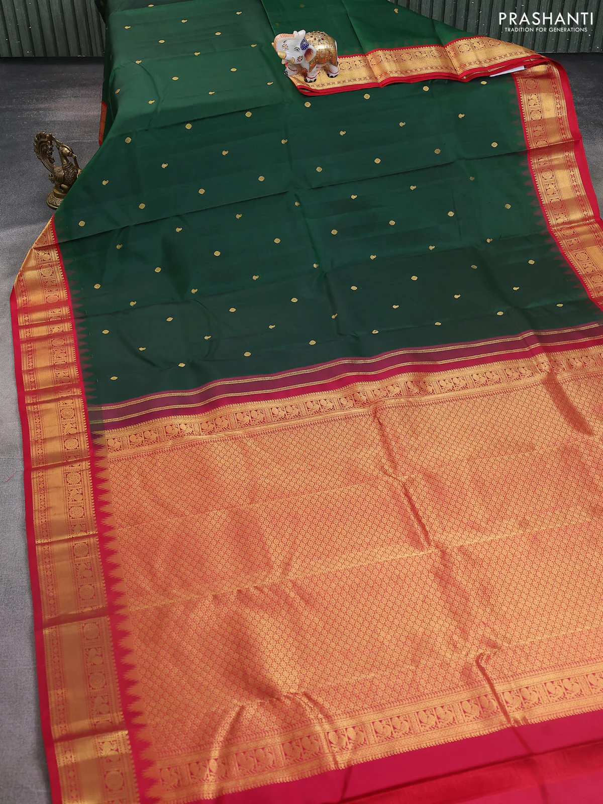 Pure kanchipuram silk saree bottle green and red with zari woven buttas and temple design zari woven border - Image 2