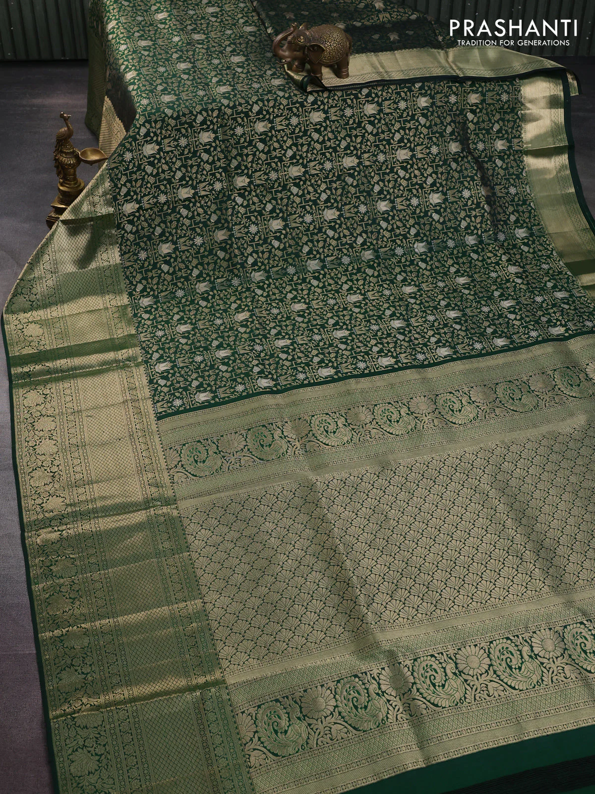Pure kanchipuram silk saree bottle green with allover zari woven brocade weaves and rich zari woven border - Image 2