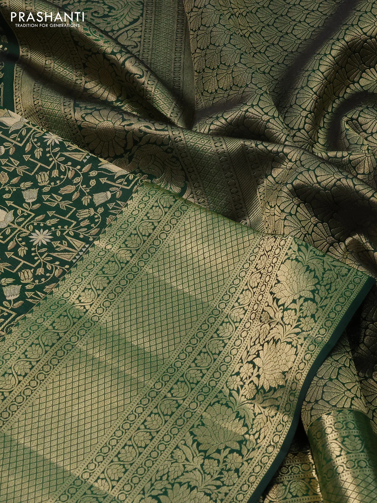 Pure kanchipuram silk saree bottle green with allover zari woven brocade weaves and rich zari woven border - Image 3
