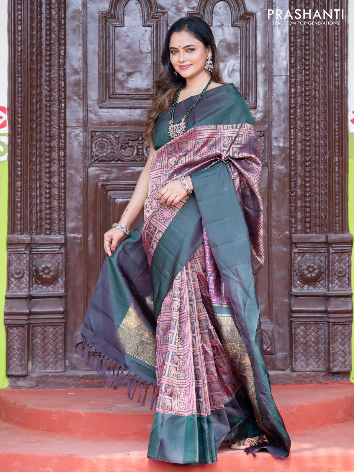 Pure kanchipuram silk saree bottle green with allover zari woven brocade weaves and simple border - Image 2