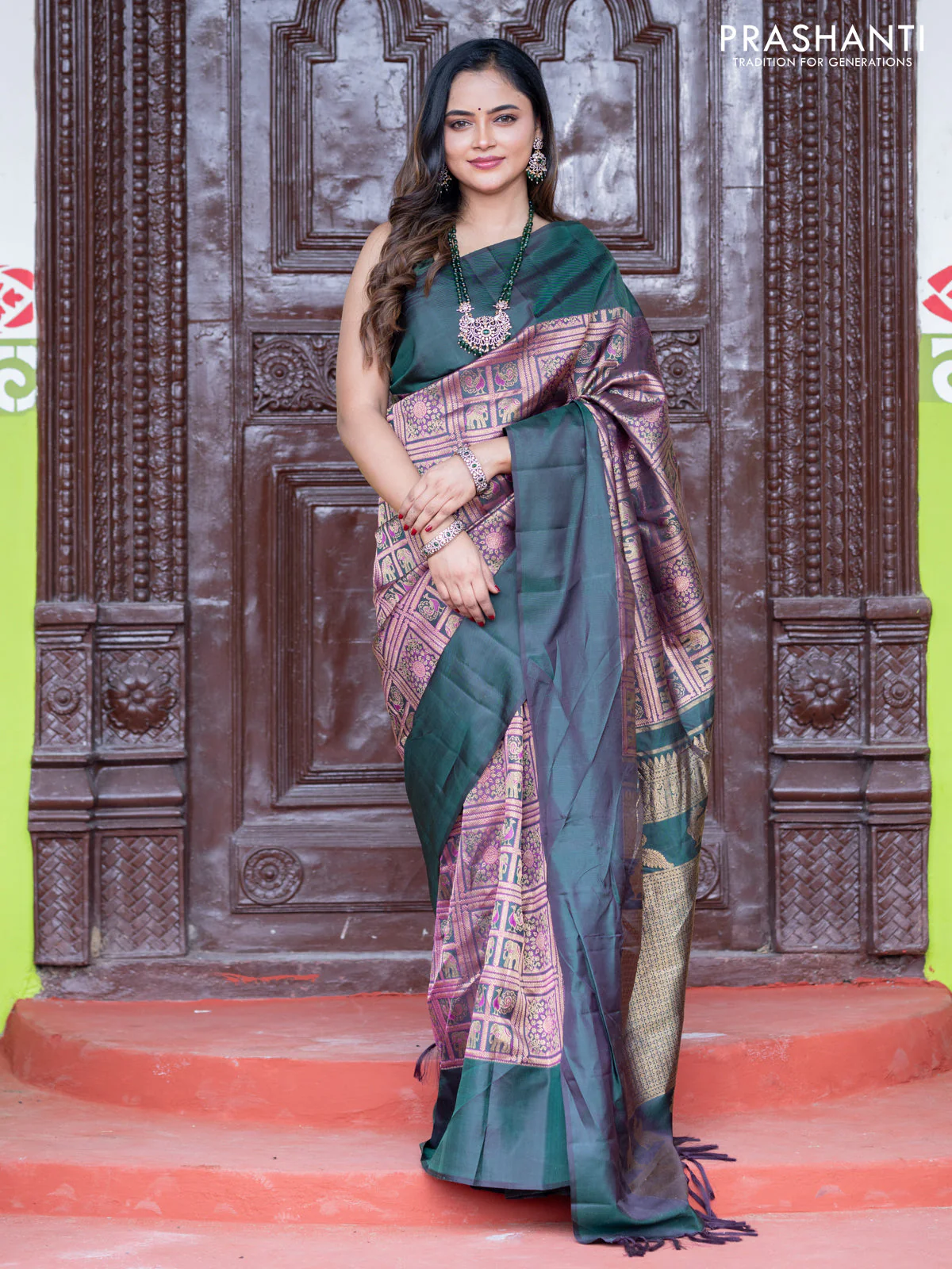 Pure kanchipuram silk saree bottle green with allover zari woven brocade weaves and simple border - Image 3