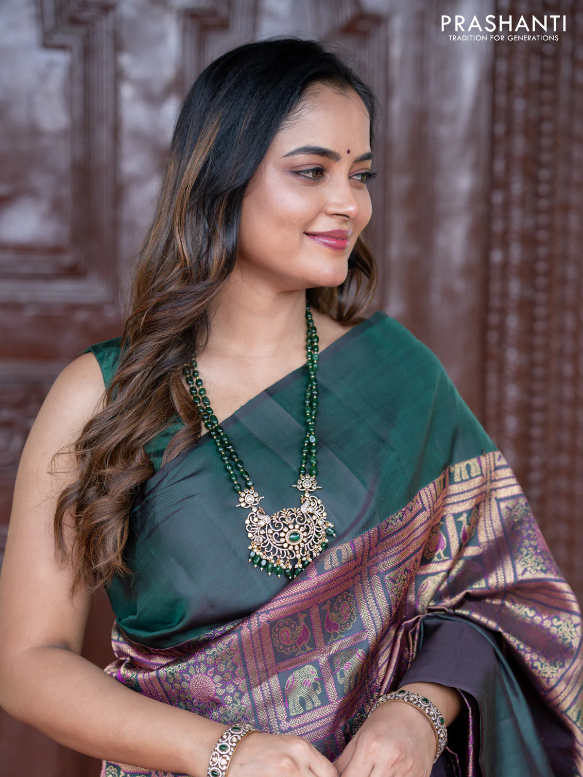 Pure kanchipuram silk saree bottle green with allover zari woven brocade weaves and simple border - Image 4