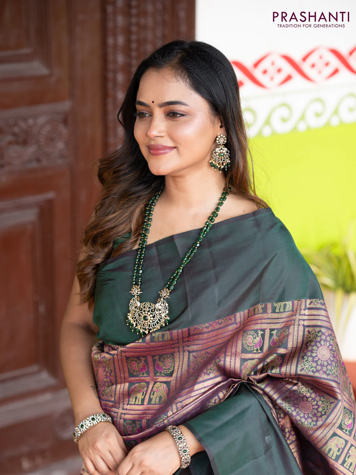 Pure kanchipuram silk saree bottle green with allover zari woven brocade weaves and simple border - Image 5