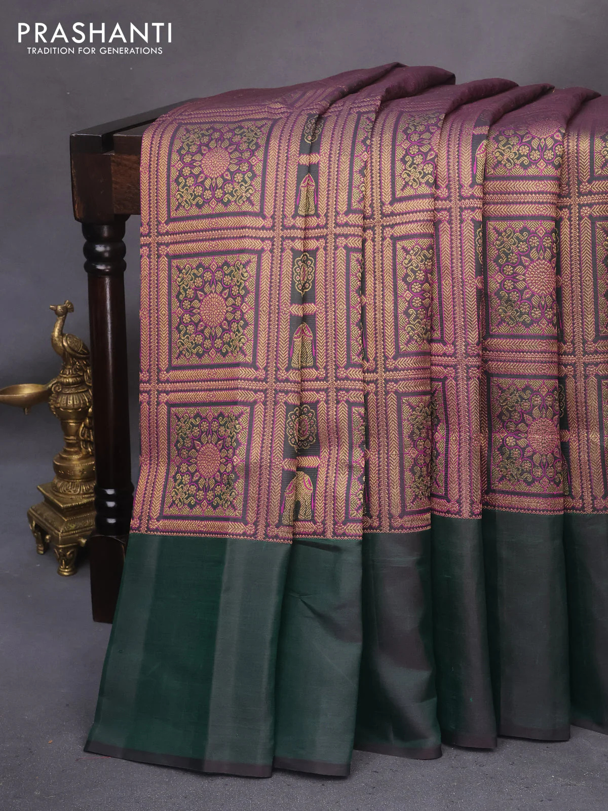 Pure kanchipuram silk saree bottle green with allover zari woven brocade weaves and simple border - Image 7
