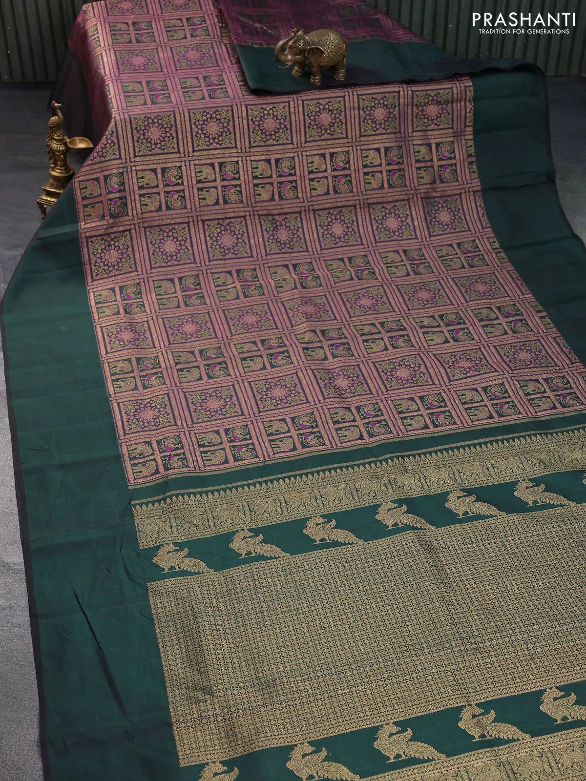 Pure kanchipuram silk saree bottle green with allover zari woven brocade weaves and simple border - Image 8
