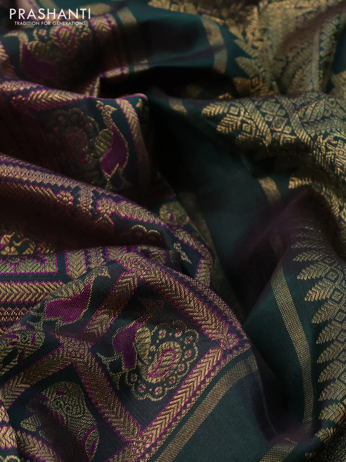 Pure kanchipuram silk saree bottle green with allover zari woven brocade weaves and simple border - Image 9