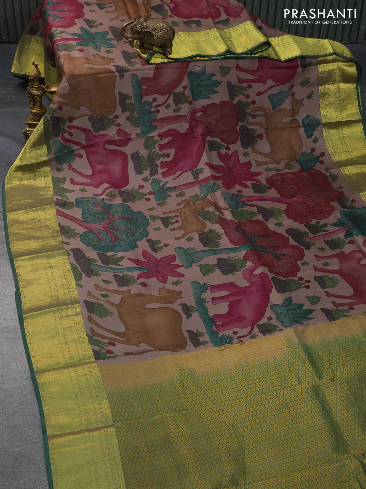 Pure kanchipuram silk saree brown shade and green with allover pen kalamkari prints and zari woven border - Image 2