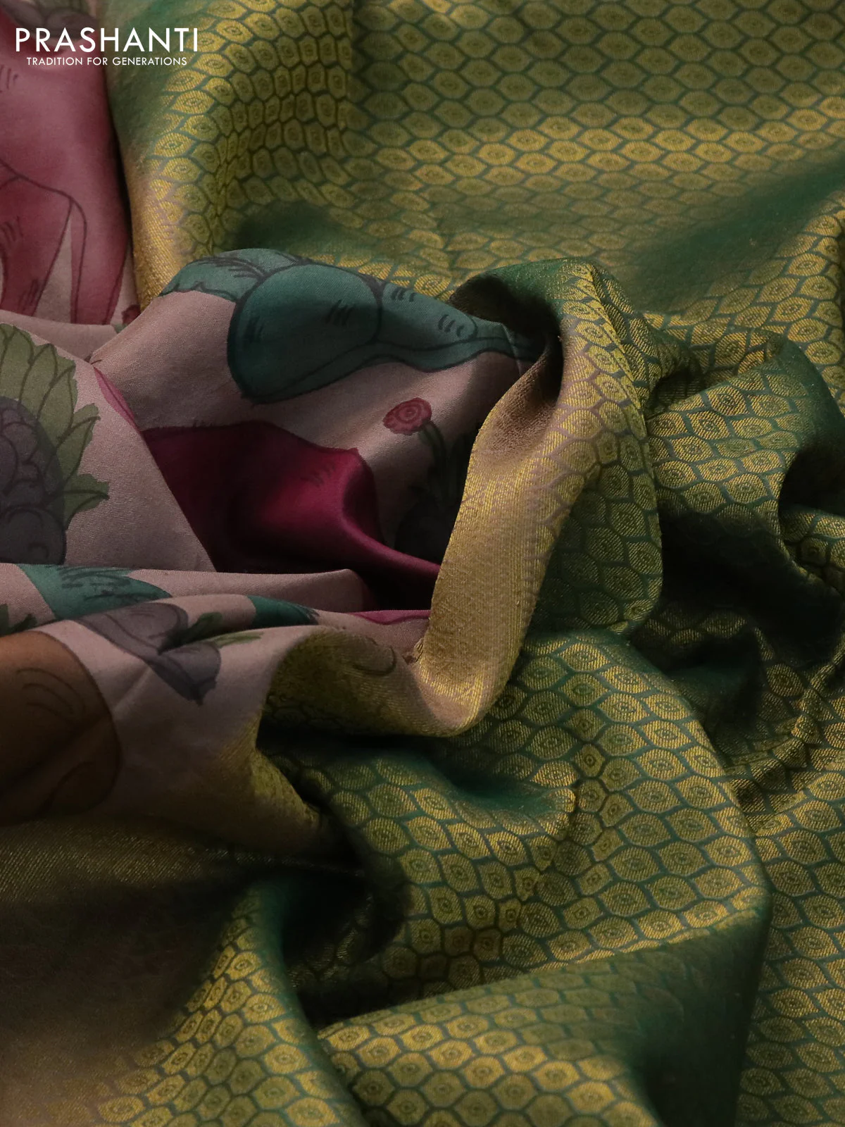 Pure kanchipuram silk saree brown shade and green with allover pen kalamkari prints and zari woven border - Image 3