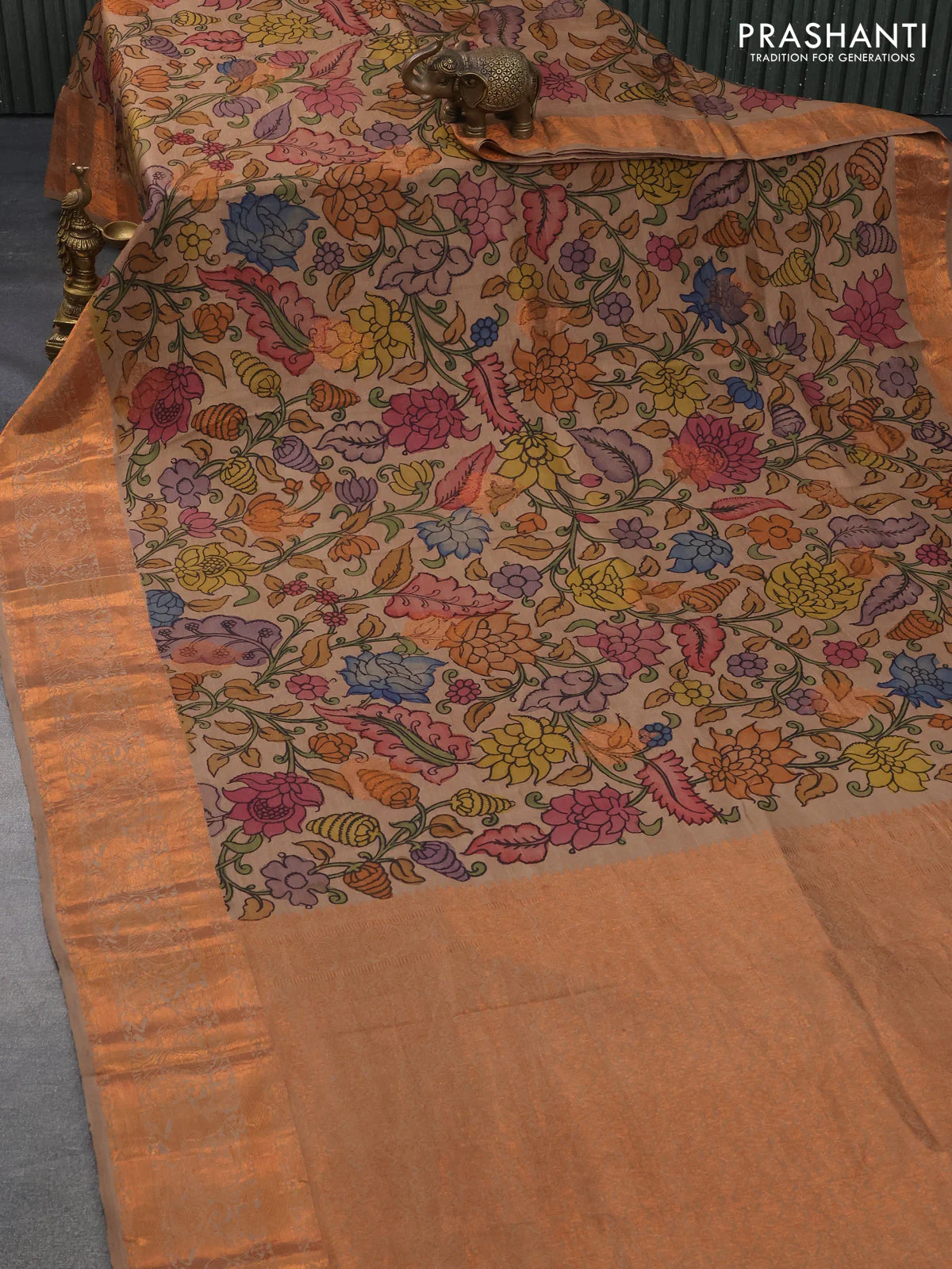 Pure kanchipuram silk saree brown shade with allover pen kalamkari prints & zari buttas and copper zari woven border - Image 2