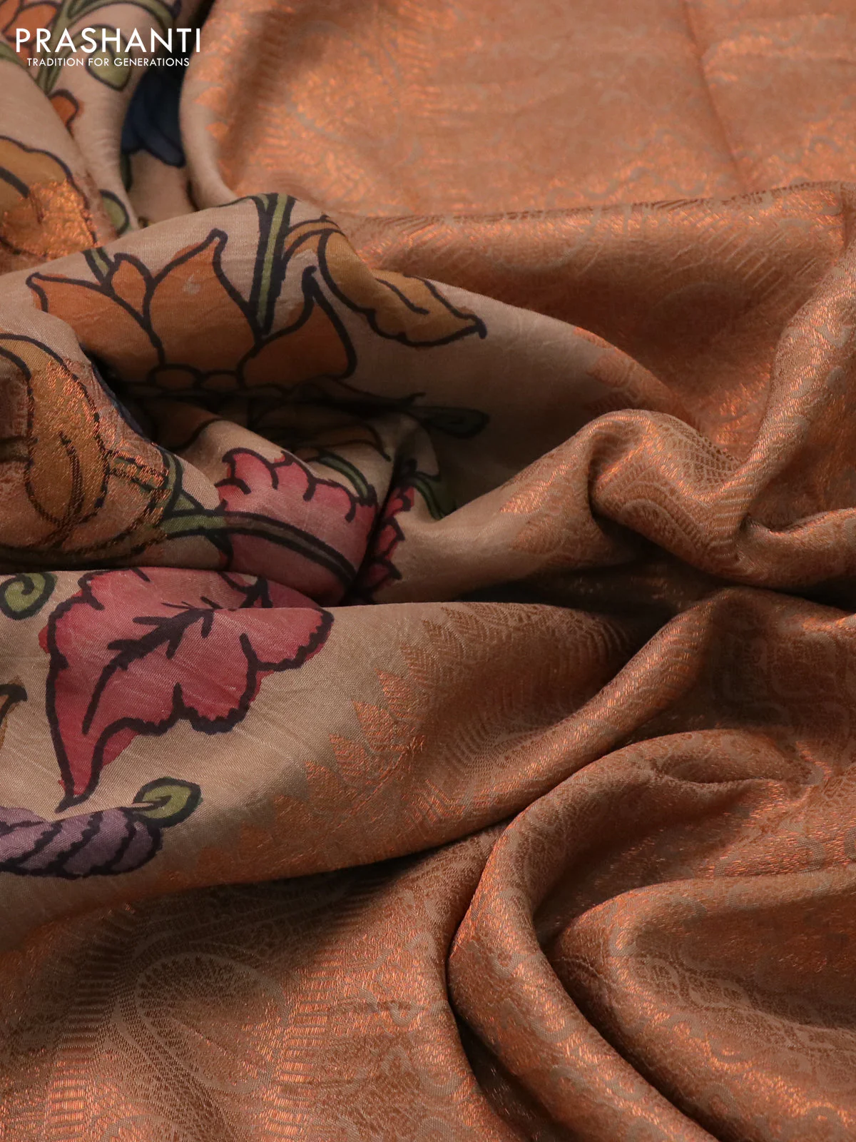Pure kanchipuram silk saree brown shade with allover pen kalamkari prints & zari buttas and copper zari woven border - Image 3