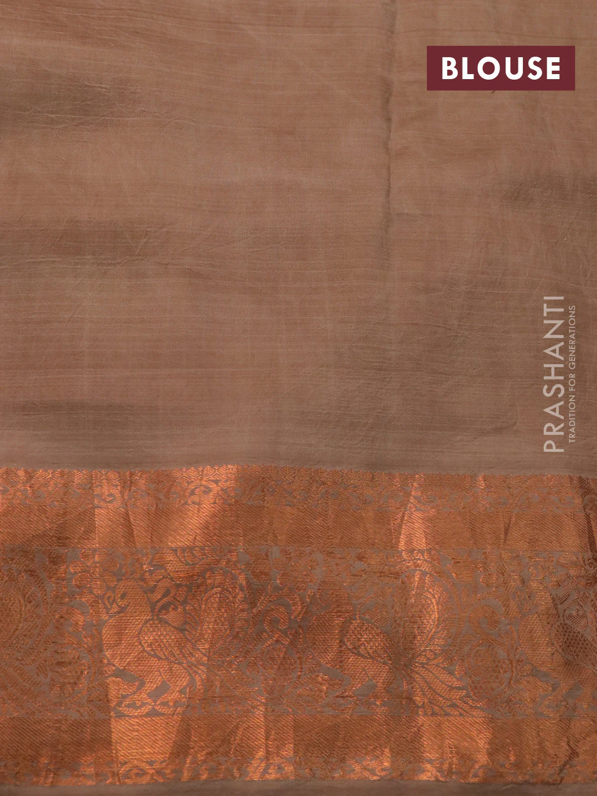 Pure kanchipuram silk saree brown shade with allover pen kalamkari prints & zari buttas and copper zari woven border - Image 4