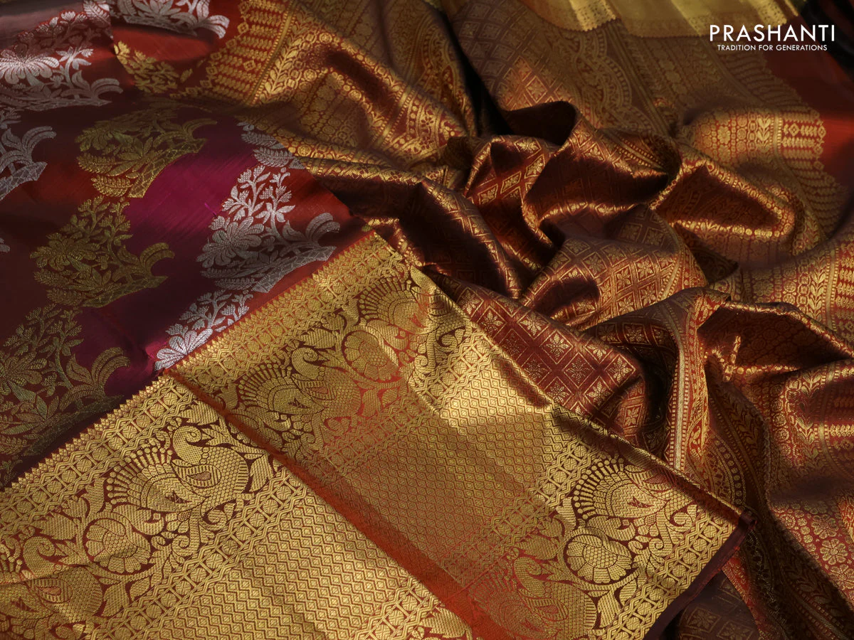 Pure kanchipuram silk saree brown with allover rangkat weaves and long annam zari woven border - Image 3