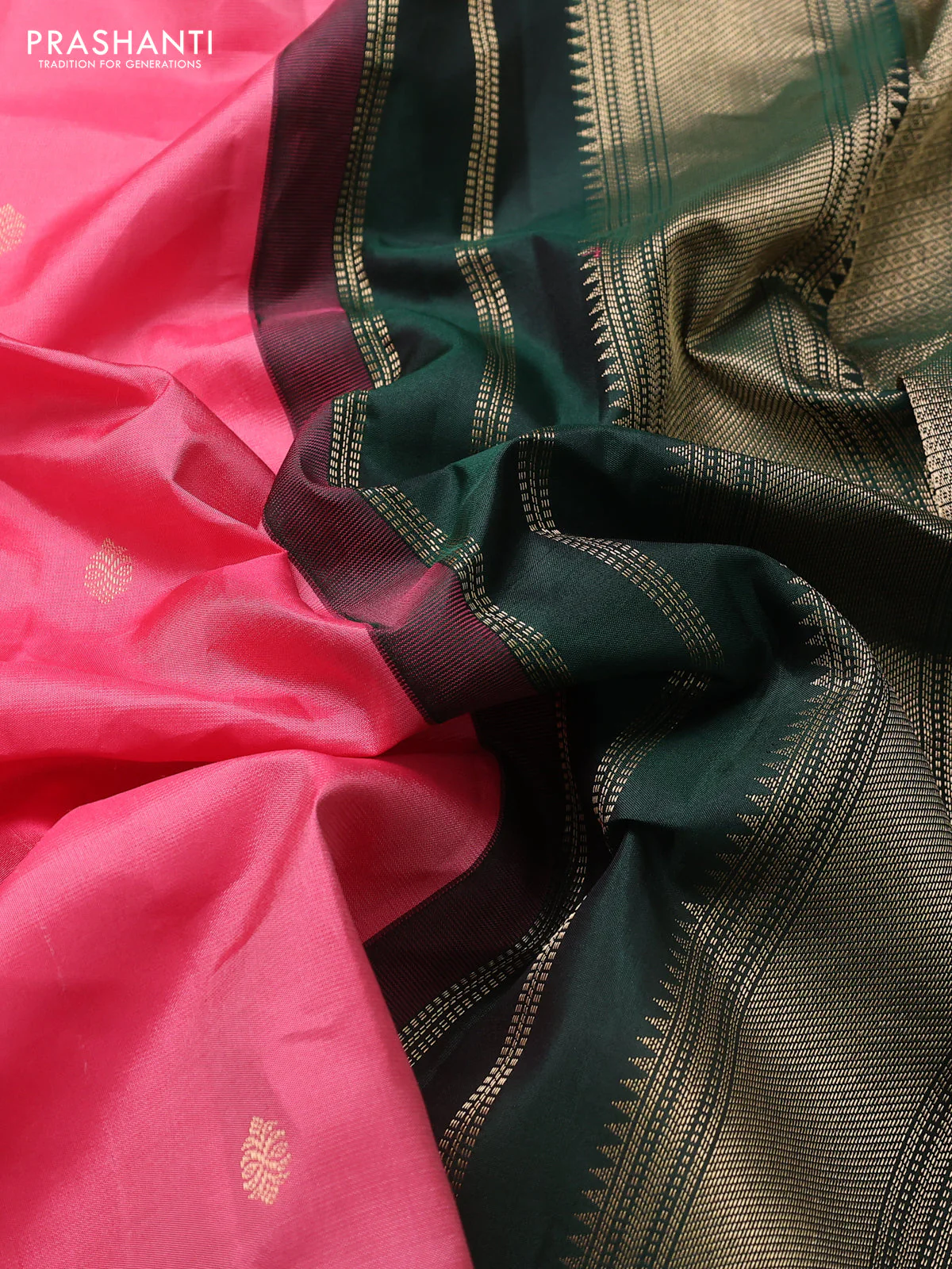Pure kanchipuram silk saree candy pink and green with zari woven buttas and rich zari woven korvai border - Image 3