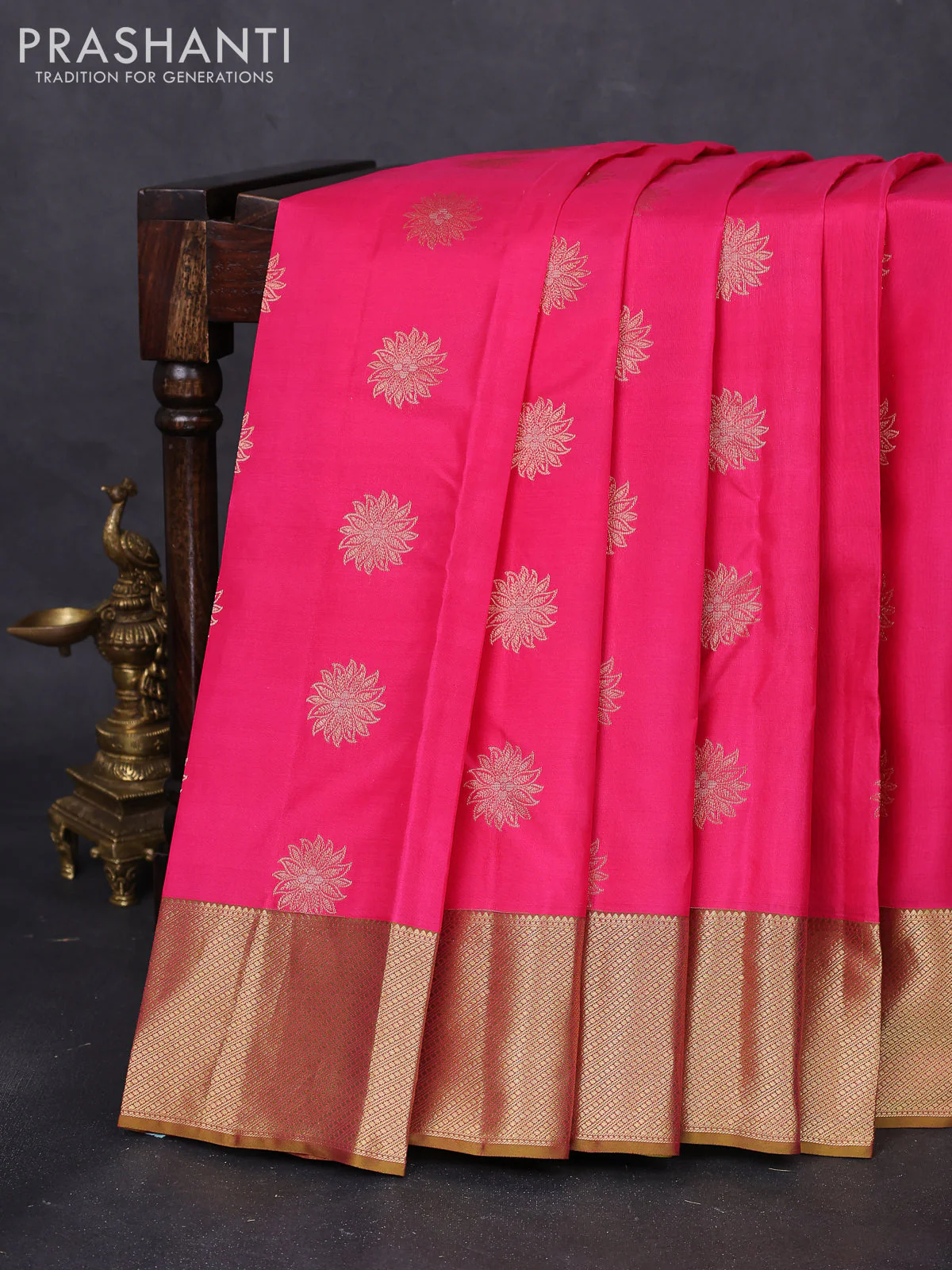 Pure kanchipuram silk saree candy pink and mehendi green with zari woven floral buttas and zari woven border