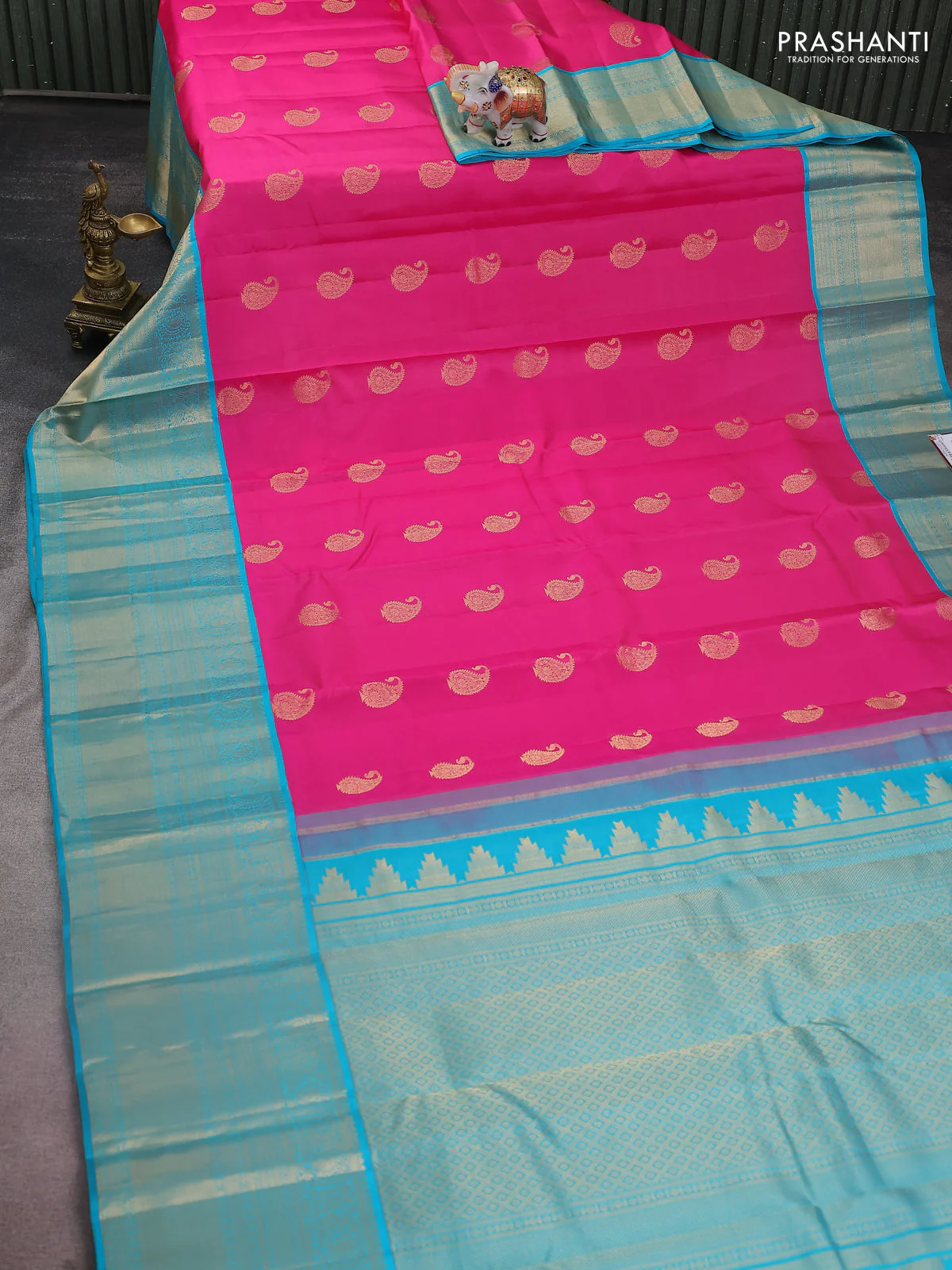 Pure kanchipuram silk saree candy pink and teal blue with paisley zari woven buttas and long annam zari woven korvai border - Image 2