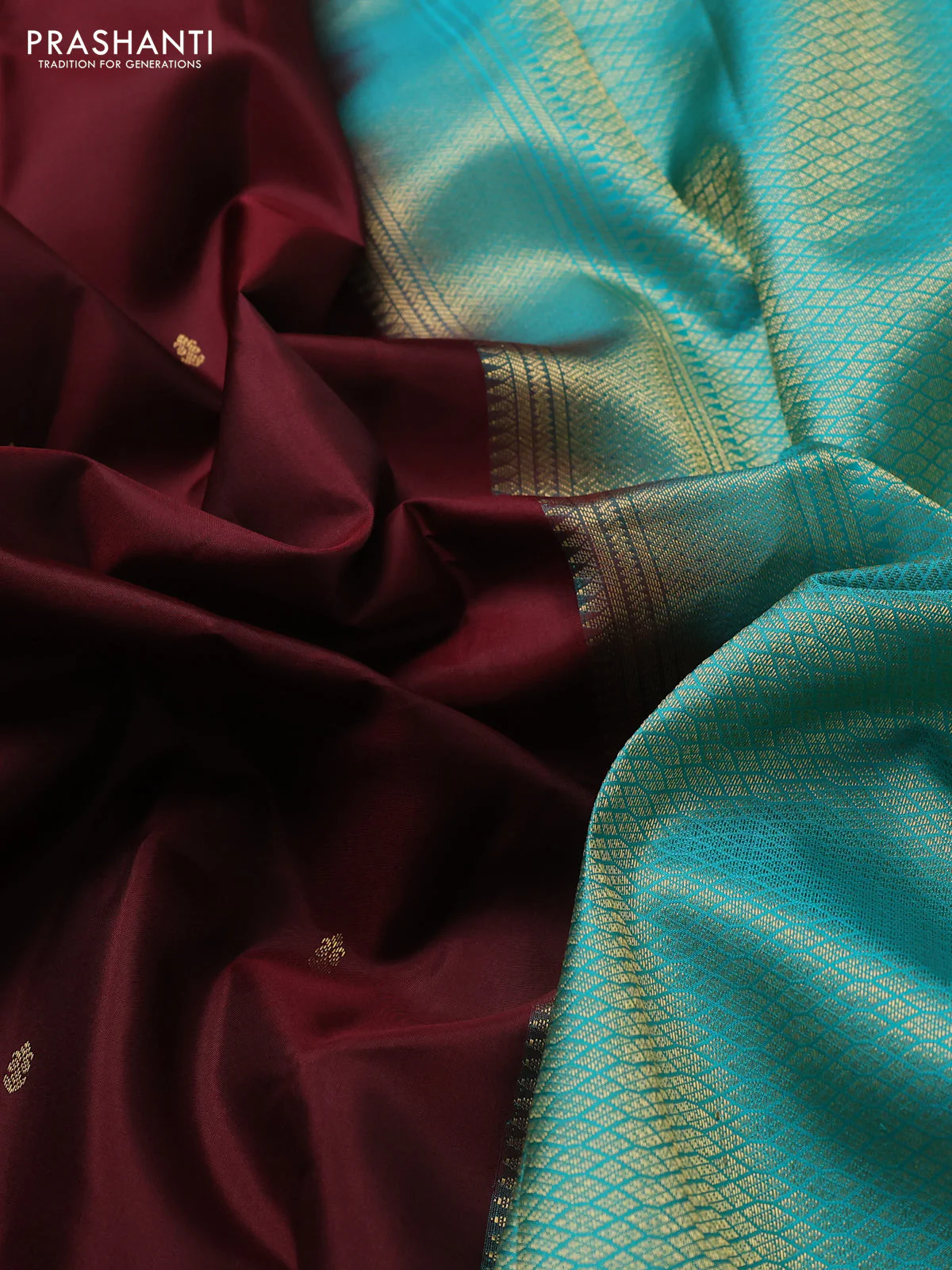 Pure kanchipuram silk saree coffee brown and teal green with zari woven buttas and zari woven korvai border - Image 3