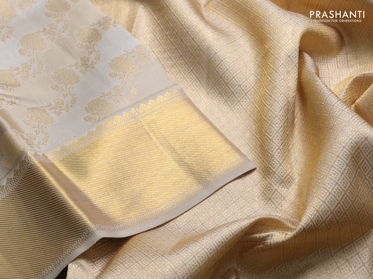 Pure kanchipuram silk saree cream and beige with allover zari woven brocade weaves and rich zari woven border - Image 3